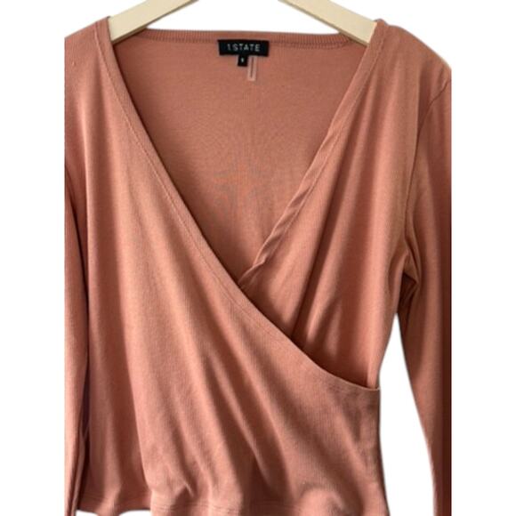 1.State Long Sleeve Faux Wrap Surplice Ribbed Top - Clay Rose - Women's Small - Picture 4 of 6